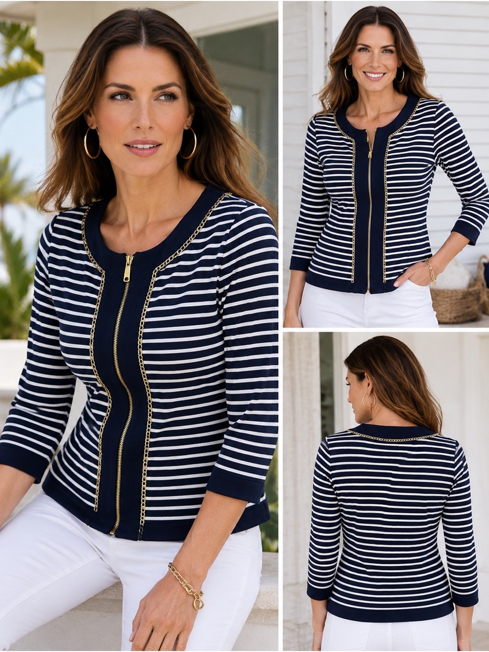 Boston Proper Striped Chain Trim Zip Front Top | Size Small | NWT | Retail $159